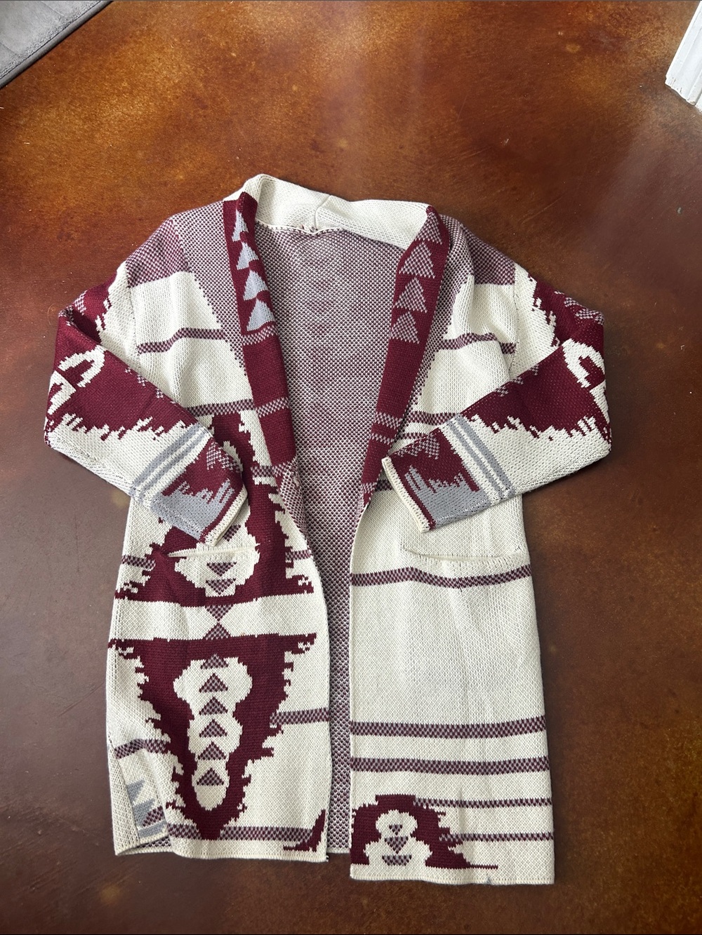 Maroon & Cream Aztec Open Cardigan